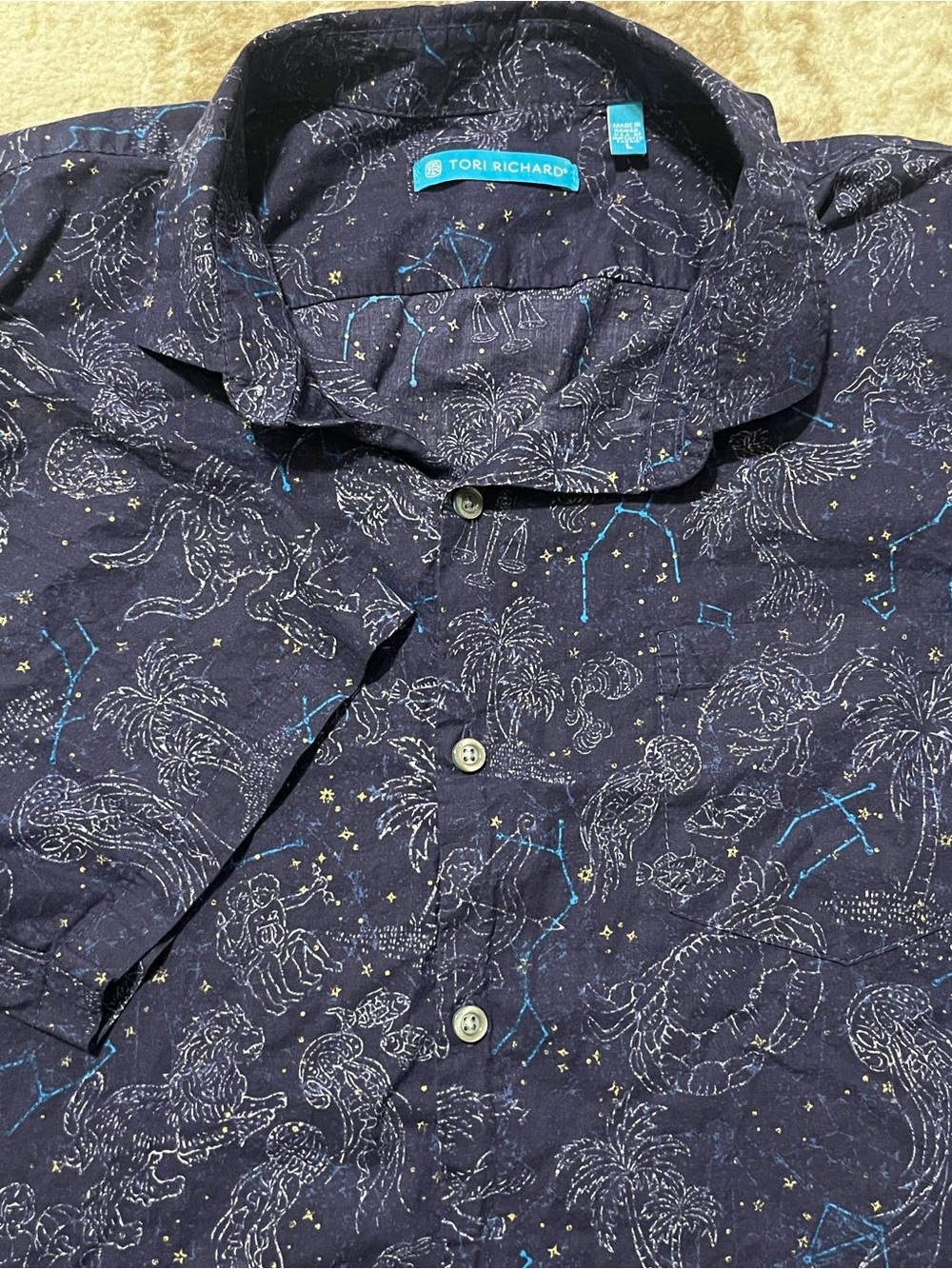 Tori Richard Mens Large Navy Astrology Zodiac Constellation Cotton Lawn Shirt L